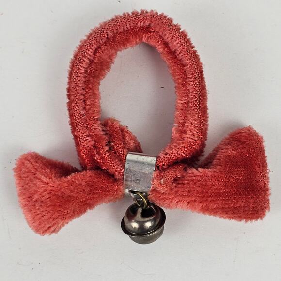 VTG tiny red plush collar with bow and jingle bell 4" x 1/2" stuffed toy Rushton - Picture 1 of 5